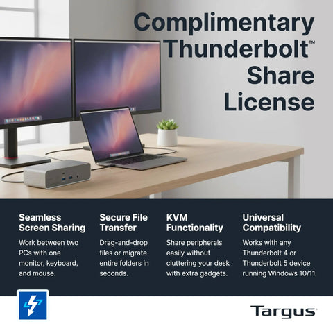 Top Shelf Triple 8K Thunderbolt 5 Docking Station With 140W EPR Rapid Charge, Heavy Hitter 80Gbps Data Rates on a desk with monitors.