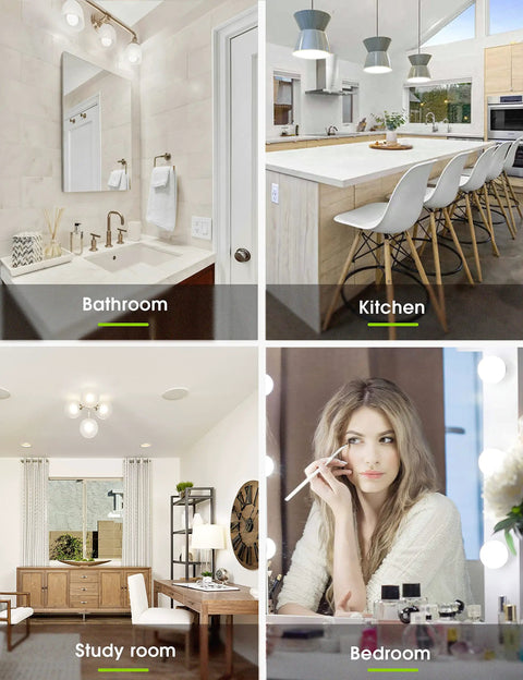 Four scenes showing Six Pack G25 LED Vanity Bulbs For Makeup Mirror Glam Up Your Vanity 500 Lumens 40 To 45W Equivalent E26 Edison Base.
