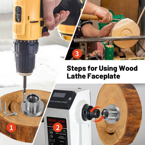 Steps using Heavy Duty 3 Inch Steel Wood Lathe Faceplate With 1 Inch By 8 Tpi Thread, Eight Mounting Holes, Woodturning