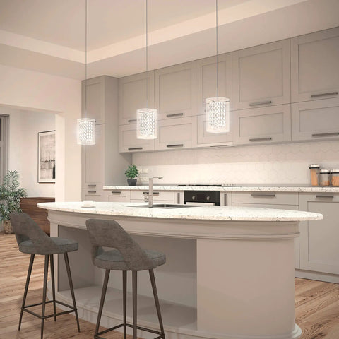 Bubble Cube Pendant Light With Glass Bead Shade And Chrome Finish, Integrated LED Dimmable Ceiling Fixture hanging over kitchen island
