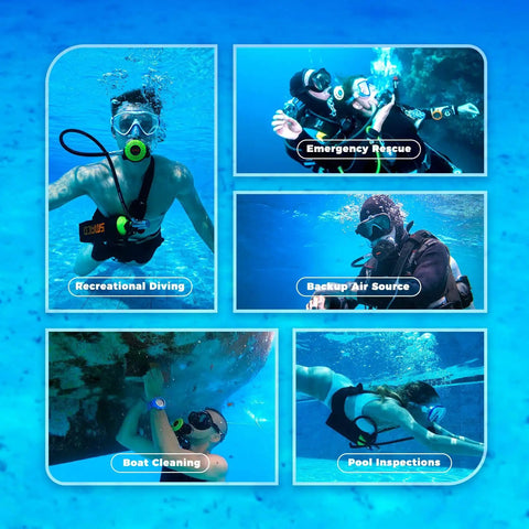 Divers using 1L Mini Scuba Tank Pony Bottle Portable Underwater Breathing Air Source for emergency and recreational purposes.