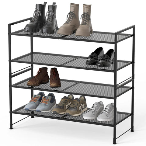 Two Tier Stackable Metal Wire Shoe Rack In Black Stores Six Pairs Of Kicks With Room For Loose Slippers Tough Heavy Gauge Steel Quick One Person Build Out For Closets Or Mudrooms
