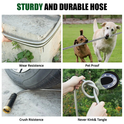 Stainless Steel Garden Hose 50 Ft Heavy Duty With 10 Function Nozzle No Kink Metal Water Hose Pet Proof Outdoor Yard