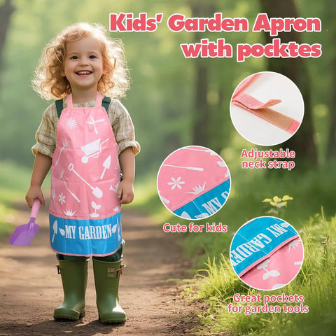 Pink Kids Gardening Tools Set With Rake Shovel Trowel Watering Can Gloves Apron Tote Bag Plant Pots And DIY Bookmark Kits For Toddlers, child in garden apron with pockets standing outdoors