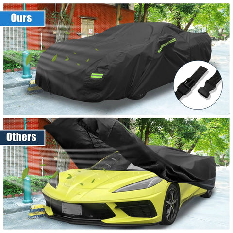 Chevrolet Corvette Weatherproof Car Cover Outdoor Shield protects vehicle, features windproof straps and zipper for C4-C7 models 1984-2019.