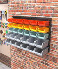 Garage Storage Bins Wall Mounted Parts Rack With 4 Color Coded Bins, 30 Piece Bin Organizer fixed to brick wall in garage