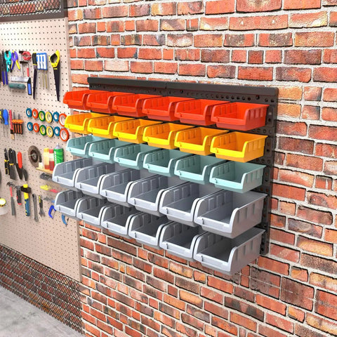 Garage Storage Bins Wall Mounted Parts Rack With 4 Color Coded Bins, 30 Piece Bin Organizer fixed to brick wall in garage