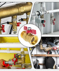 Dang Sturdy Three Quarter Inch Threaded Brass Ball Valve With Snappy Red Butterfly Handle For Zero Hassle Shut Off, installed in plumbing.