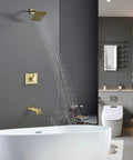 All In One Bathtub And Shower System In Brushed Nickel, Includes 4 Inch Shower Head, 6 Inch Shower Arm, Brass Mixer Valve, 304 Stainless Tub Spout, 1/2 Inch NPT Connections, Standard US Plumbing, Complete Shower Faucet Kit installed in a modern bathroom