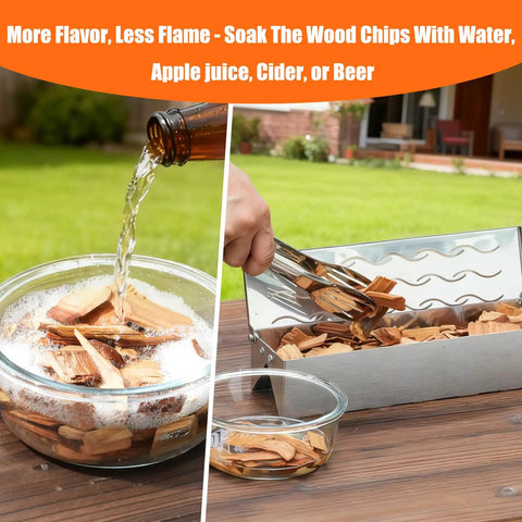 Stainless Steel Wood Chip Smoker Box With Hinged Lid Double V Shape For Charcoal Or Propane Grills Built Tough, wood chips soaking.