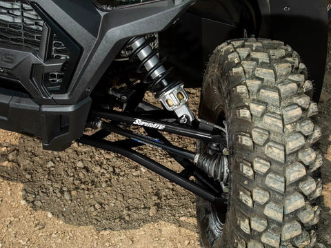 1.5 Inch Forward Offset A Arms For Polaris RZR XP 1000 And XP 4 1000 Fits Up To 33 Inch Tires 1.25 Inch Tubing 25 Percent Bigger Than Stock Black Finish Includes Standard Duty Ball Joints Off Road Ready Upgrade installed on front suspension with mud tire