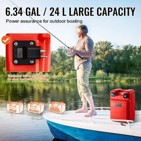 Portable 6.34-Gallon Marine Tank With 9.8ft Hose And Gauge For Outboard Engines, Yachts, Fishing Boats And Deck Boats Red.