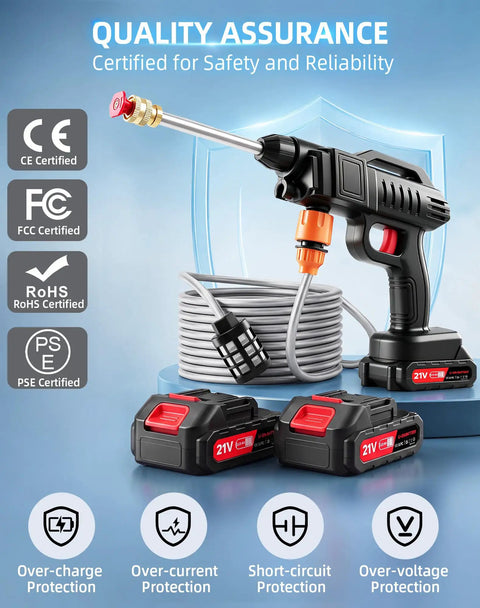 Cordless Portable Handheld Power Washer With Copper Motor Pushes Killer Water Pressure and Eliminates Extension Cords for rapid cleaning tasks, featuring safety certifications.