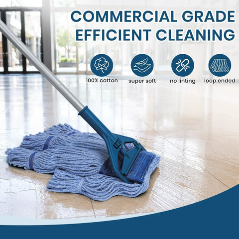 Top Notch Heavy Duty Mop Kit Featuring Six Massive Cotton Replacement Heads And Two Rock Solid Handles For Smooth Cleanup Of Every Sticky Mess On Hard Floors on polished floor.