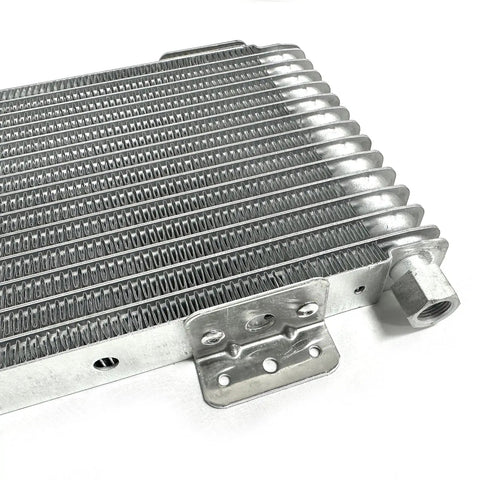 Close-up of Heavy Duty 40k Transmission Oil Cooler Kit for Towing and Large Trucks with low pressure drop and mounting bracket