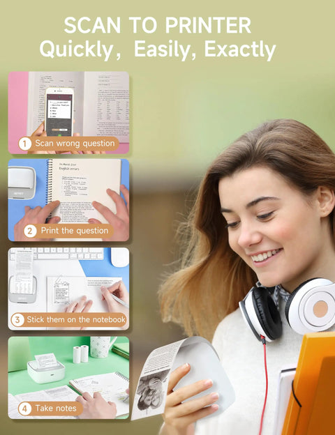 Woman using Portable Sticker Printer Grab And Go Mini Bluetooth Thermal Inkless Printer For iPhone And Android Pocket Label Maker