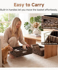 A woman organizing with a Large Wicker Storage Basket For Shelves And Pantry In Brown Water Hyacinth, 1 Pack, containing items.