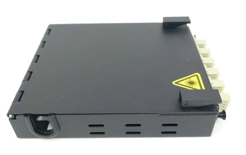 Wall Mount Fiber Enclosure With Spool And Loaded 6 Port LC UPC OM1 OM2 Multimode Duplex LGX Panel in black, side view.