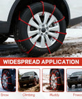 Wicked Strong 20 Pack Plastic Snow Tire Chains For Cars SUVs Trucks on tire, heavy duty nylon for snow and mud traction.