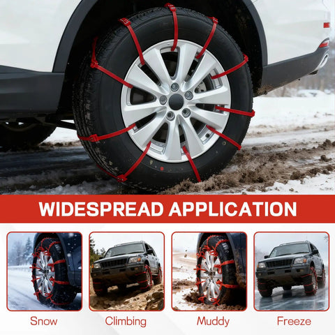 Wicked Strong 20 Pack Plastic Snow Tire Chains For Cars SUVs Trucks on tire, heavy duty nylon for snow and mud traction.