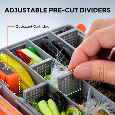 HyperSeal 3500 Double Sided Waterproof Fishing Tackle Box with dividers and EVA foam jig storage, hand adjusting divider
