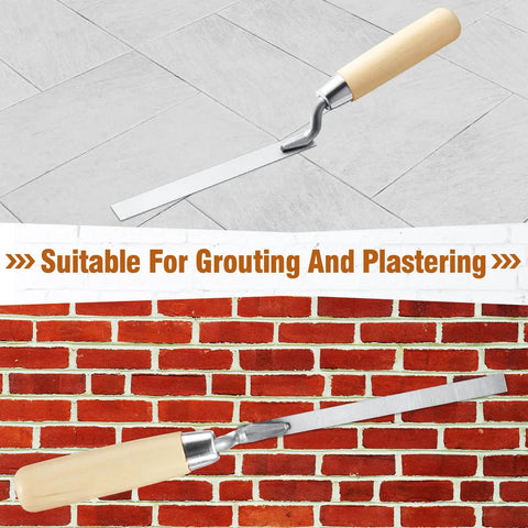 Pro Grade Three Piece Tuck Pointing Trowel Set with Wood Handle displayed on tile and brick backgrounds.