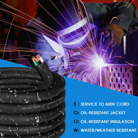 Rugged 25 Foot 12 Awg Soow Cable Portable Power Cord 12 3 Conductor 600 Volt 20 Amp used in welding with oil and water-resistant features.