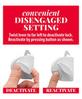Two Way Sliding Door Safety Latch For Pool Safety Easy To Install Opens From Inside And Outside Childproof Lock Prevents Unwanted Outbound Door Access Pool Code Compliant In Many States Includes Disable Feature For Safe Nonuse shown deactivated and reactivated.