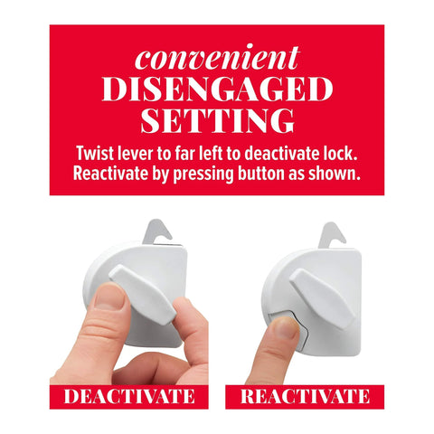 Two Way Sliding Door Safety Latch For Pool Safety Easy To Install Opens From Inside And Outside Childproof Lock Prevents Unwanted Outbound Door Access Pool Code Compliant In Many States Includes Disable Feature For Safe Nonuse shown deactivated and reactivated.