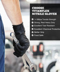 Front view of a forearm wearing black nitrile disposable gloves gripping wrenches in a workshop