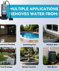 High Capacity Submersible Electric Trash Pump With Smart External Sensor And Two Inch Outlet For Pool Evacuation And Shallow Flood Extraction At 65 Gpm With 3/4 Hp Motor, showing multiple applications for water removal.