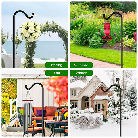 76 Inch Bird Feeder Pole With Heavy Duty Shepherds Hook Base displayed in different seasons with flowers, feeders, and decor.