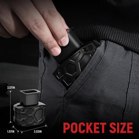 9mm Speed Loader For Quick Magazine Reloads Pain Free Handling Smooth Feeding No Jamming Compatible With 9mm And 40 S W Compact Design For All 9mm Stack Magazines Easy To Use And Range Ready shown being stored in a pocket, emphasizing its compact size and portability.