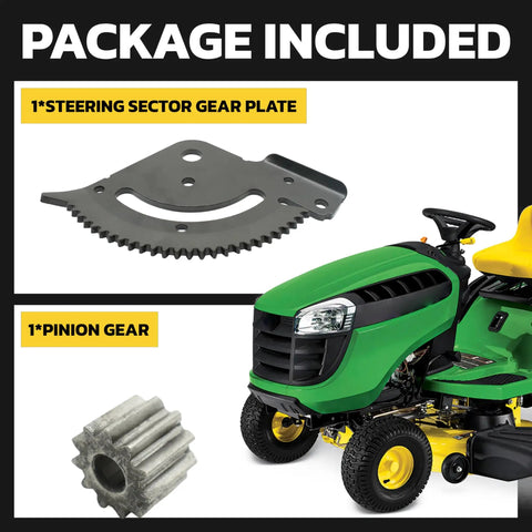 Beefed Up Steering Sector Pinion Gear For Lawn Tractors That Fits John Deere with gear set and tractor image