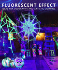 2 Pack A19 LED Black Light Bulbs 9W 100W Equivalent illuminating neon Halloween decor with glowing effects