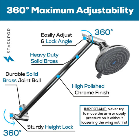 Solid Brass Shower Arm Extension 16 Inch with Flexible Height and Easy Adjust Angle Control, Chrome Polished Finish
