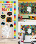 Math Growth Mindset Bulletin Board Set For Classrooms with number cutouts, border trims, and themed letters on wall decor.