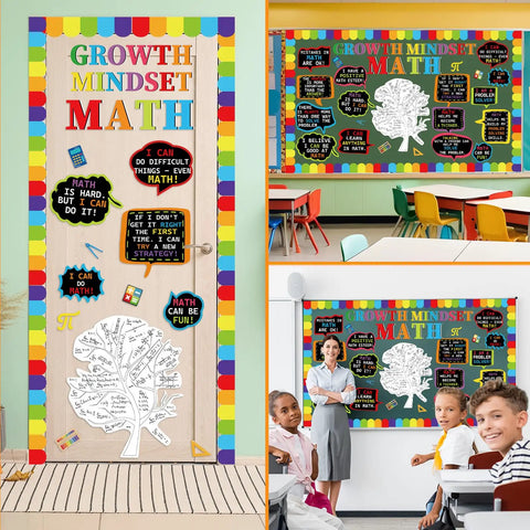 Math Growth Mindset Bulletin Board Set For Classrooms with number cutouts, border trims, and themed letters on wall decor.
