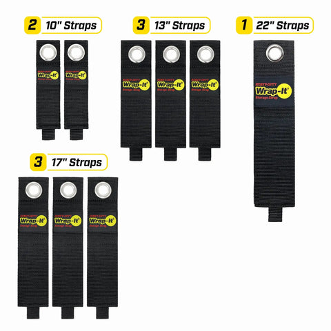 Nine Pack Hook And Loop Cord Organizer Straps for cords hoses rope RV boat and garage storage, various sizes displayed.