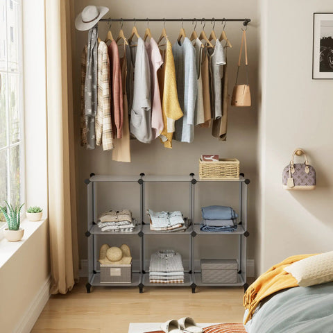 Six Cube Storage Organizer In Light Grey, Flexible Modular Shelf System in room, showing 12 inch cubes with clothes and essentials