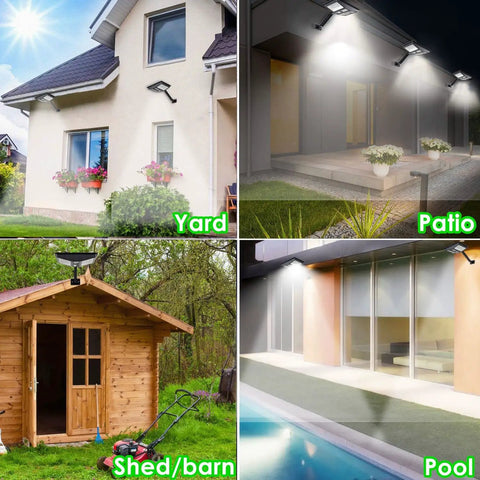 2 Pack Solar Flood Lights With Remote Outdoor Motion Sensor 138 LEDs Bright Illumination Wide Coverage on wall, yard, patio, shed, pool