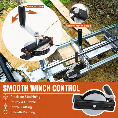 Chainsaw Mill Winch Kit With Lever Arm Anchor System featuring brake winch knob and grip handle for efficient milling