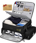 Open Premium Golf Trunk Organizer For Cars With Insulated Pouch And Dust Proof Layer, displaying shoes and golf gear neatly arranged.