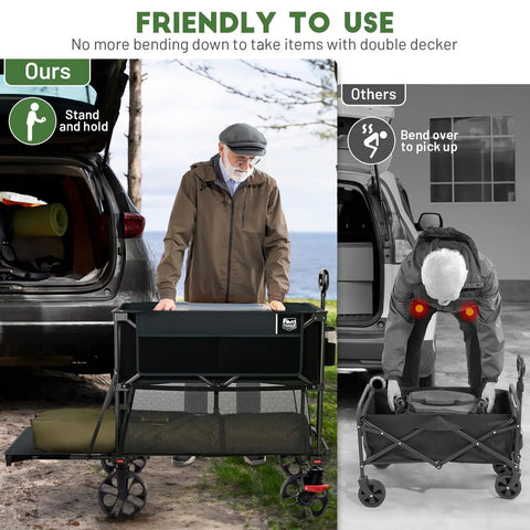 Heavy Duty Folding Double Decker Wagon With Brakes, Easy Access Design, 54 Inch Lower Shelf for Outdoor Gear and Equipment