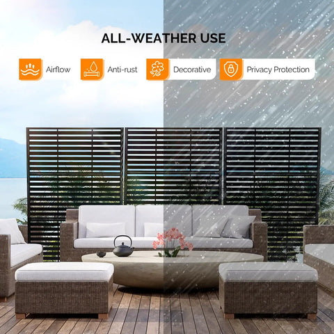 Metal Outdoor Privacy Screen 72 Inch By 49 Inch Freestanding Privacy Fence Panels Decor Room Divider For Patio Deck Balcony And Pool Built Tough With Interlocking Joints Weather Resistant Rustproof Durable in outdoor setting with furniture in rain and shine.