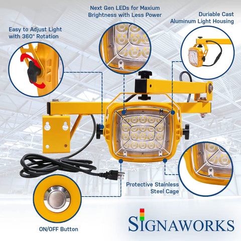 Heavy Duty Led Loading Dock Swing Arm Light 2 Pack features durable aluminum housing and adjustable light with 360 rotation.