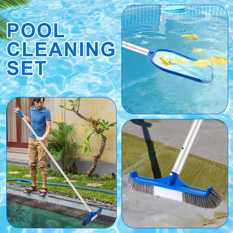 3 Piece Pool Cleaning Kit With Skimmer Net And Long Reach 47 Inch Aluminum Pole Plus Debris Brush For Above Ground And Inground Pools Ponds Spas Hot Tubs Easy Clean, skimmer and brush set