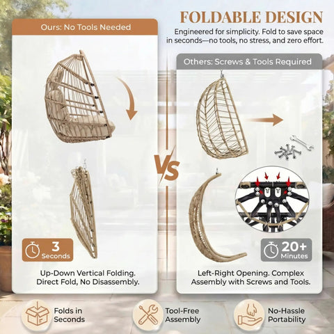 Comparison of foldable All-Weather Hanging Egg Chair No Stand With 350 Lb Capacity and alternative requiring tools