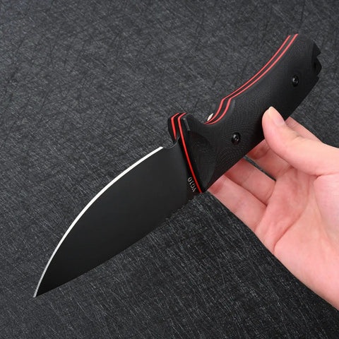 VG10 Steel Fixed Blade Tactical Knife With Ergonomic Micarta Handle And Kydex Sheath held by hand on black background
