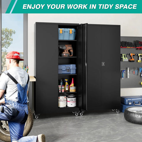 Heavy Duty Metal Rolling Storage Cabinet With Locking Wheels 75 Inch Tall Garage Organizer With Shelves Black Steel Cabinet On Casters